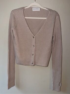 Self Contrast- Wool Blend Ribbed Cropped Cardigan Beige Size Small